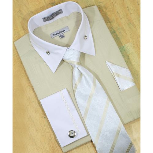 Daniel Ellissa Beige / White With Embroidered Design  Shirt/Tie/Hanky Set DS3736P2